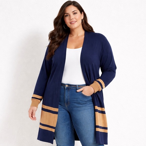 crown & ivy Sweaters - NWT Women's XXL Navy Camel Stripe Long Duster Cardigan Old Money Chic Classic